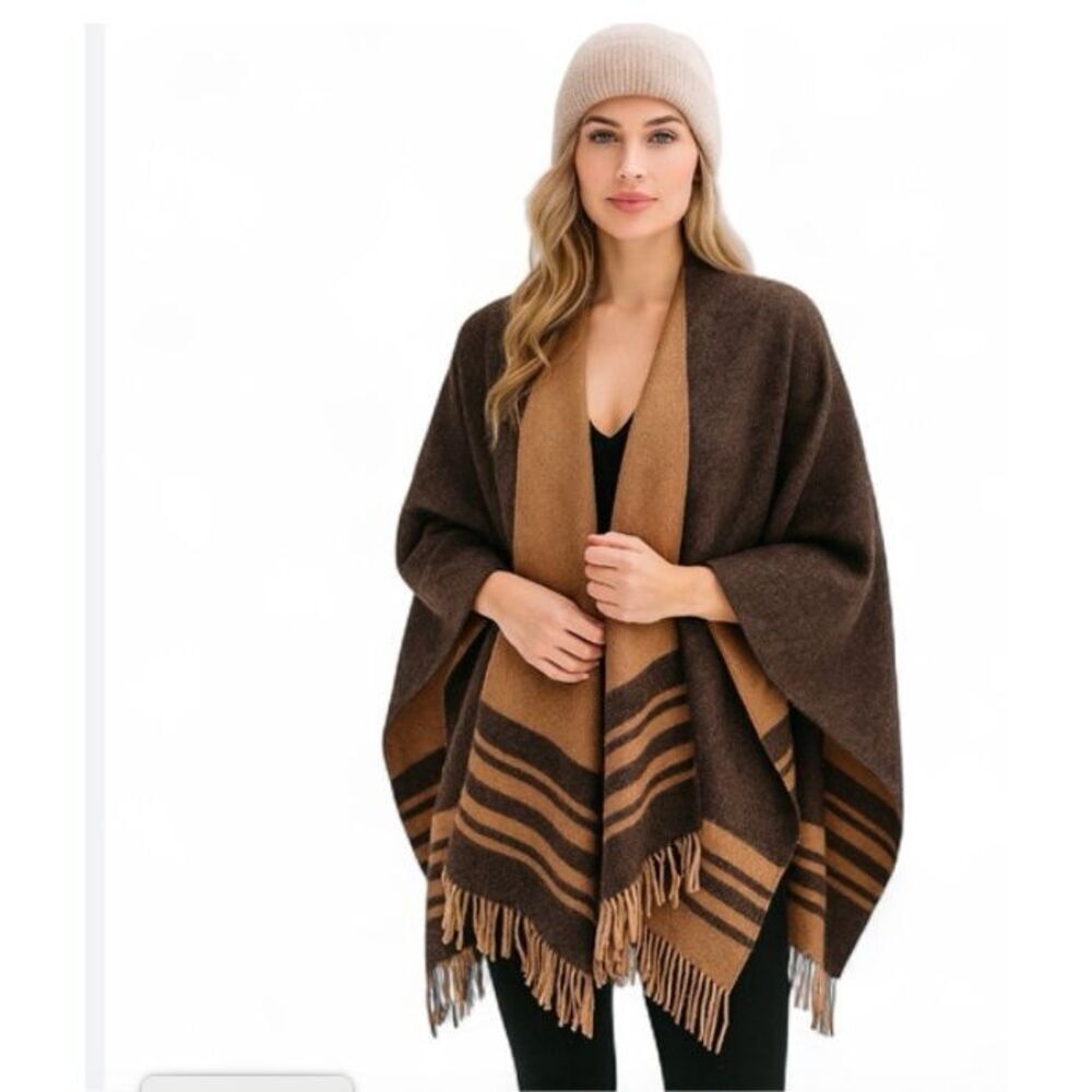 New Nordstrom Wool Cashmere Poncho OS Ruana Wrap Stripe Fringe Cape Shawl